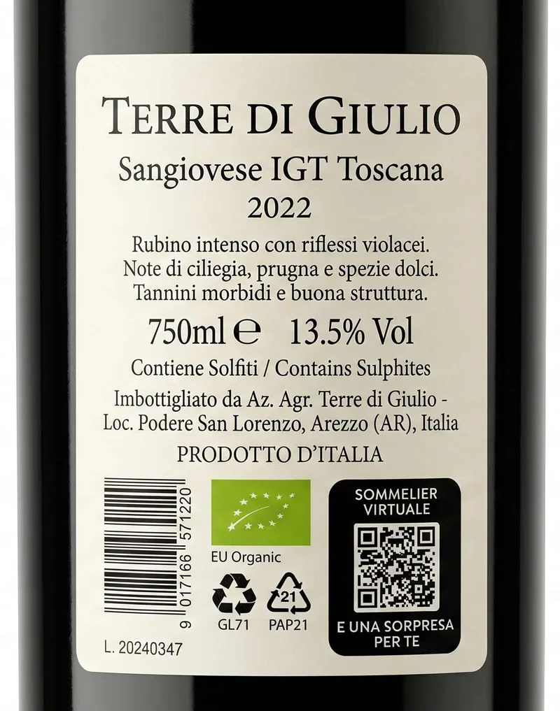 Retro etichetta bianca Terre di Giulio con QR Sommelier Virtuale