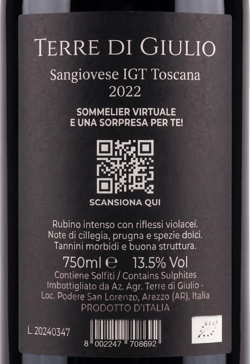 Retro etichetta nera Terre di Giulio — Sommelier Virtuale e Scansiona Qui