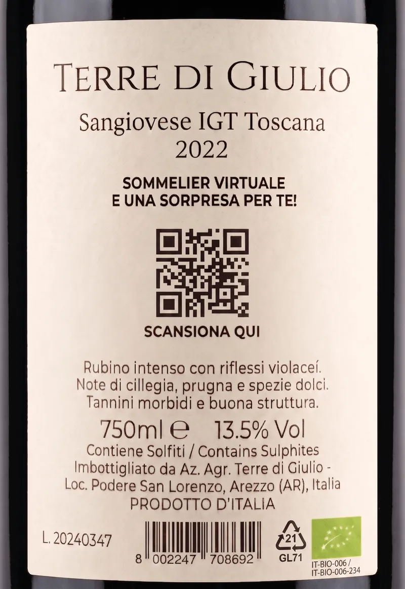 Etichetta Terre di Giulio Sangiovese — Sommelier Virtuale