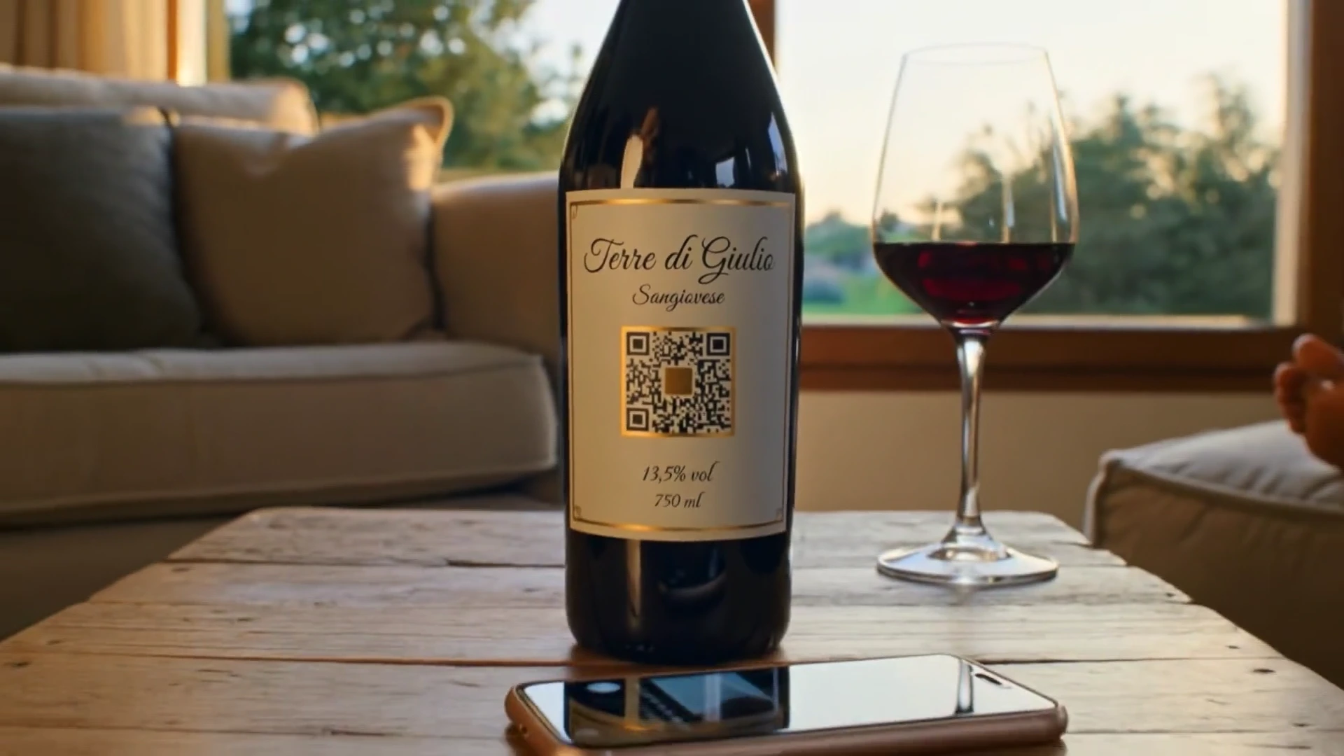 Bottiglia Terre di Giulio con QR intelligente sul tavolo, smartphone accanto — scopri come funziona